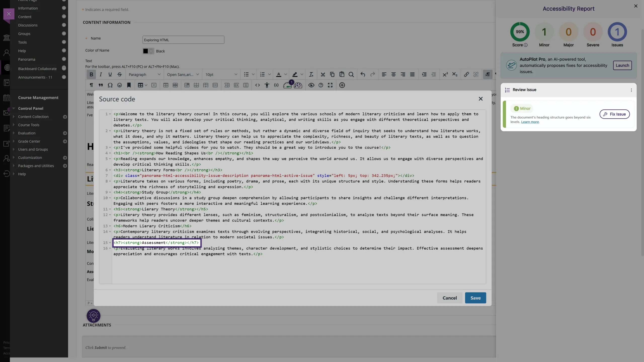 An image of the accessibility report inside Blackboard highlighting the issue of exceeding heading levels.