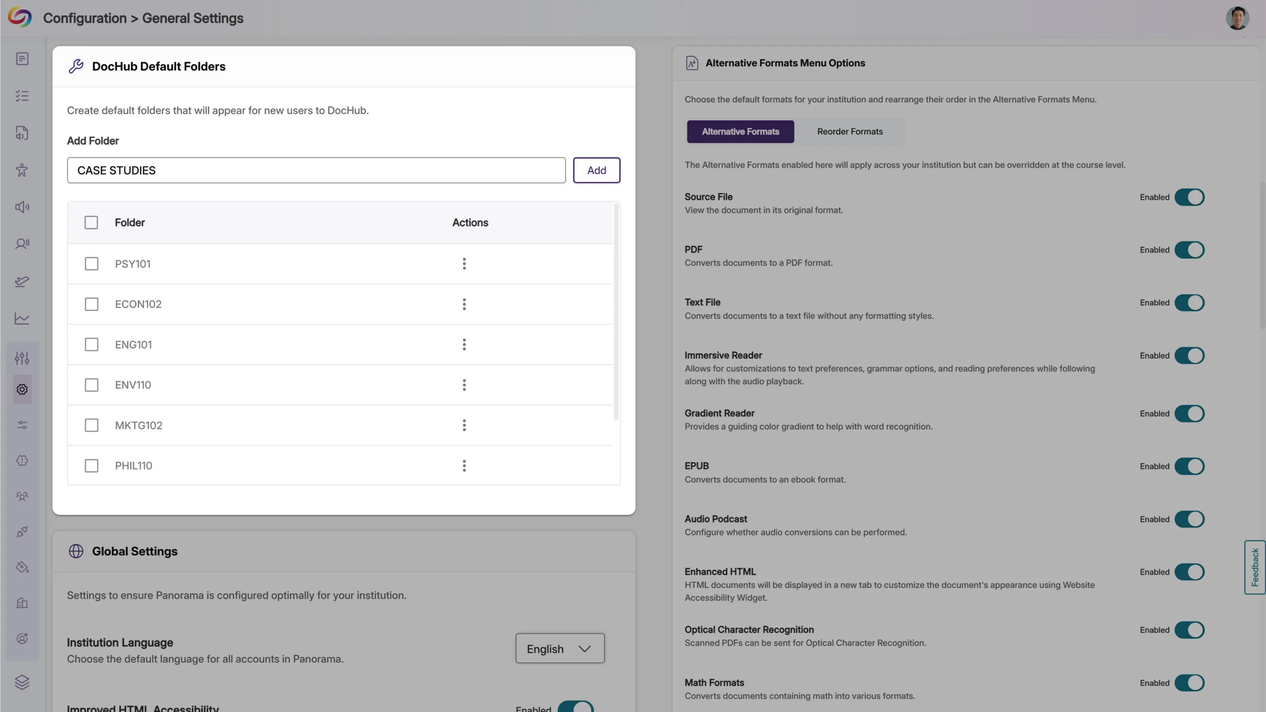 An image of the General Settings page highlighting the customization of default folders in DocHub.