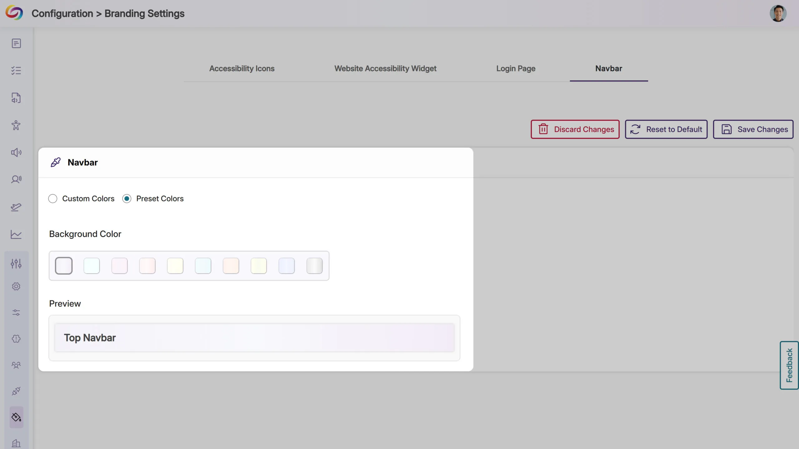 An image of the the Top bar branding settings page highlighting the top bar colors' selection.