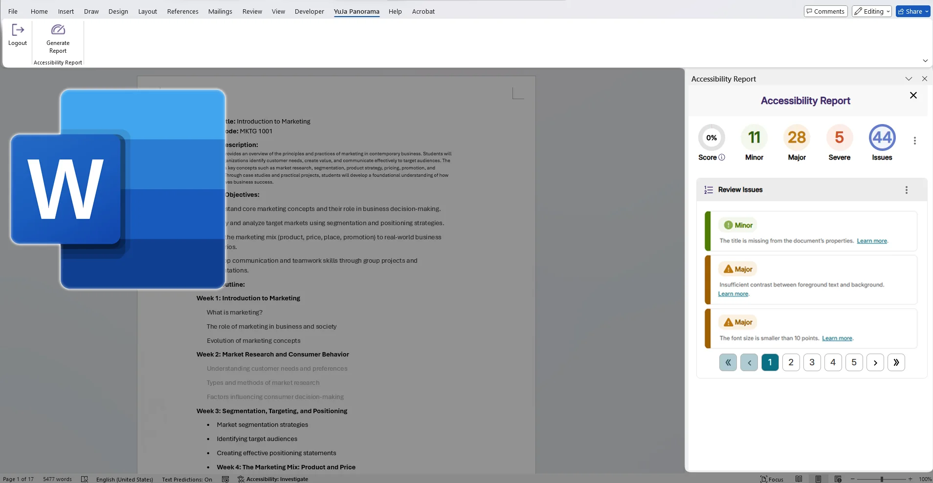 The Panorama Plugin is visible inside of Microsoft Word, showing accessibility issues found in the document.