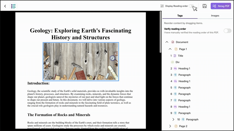 Optimized Workflows: Simplified processes for editing document structure, managing reading order, and tag modification