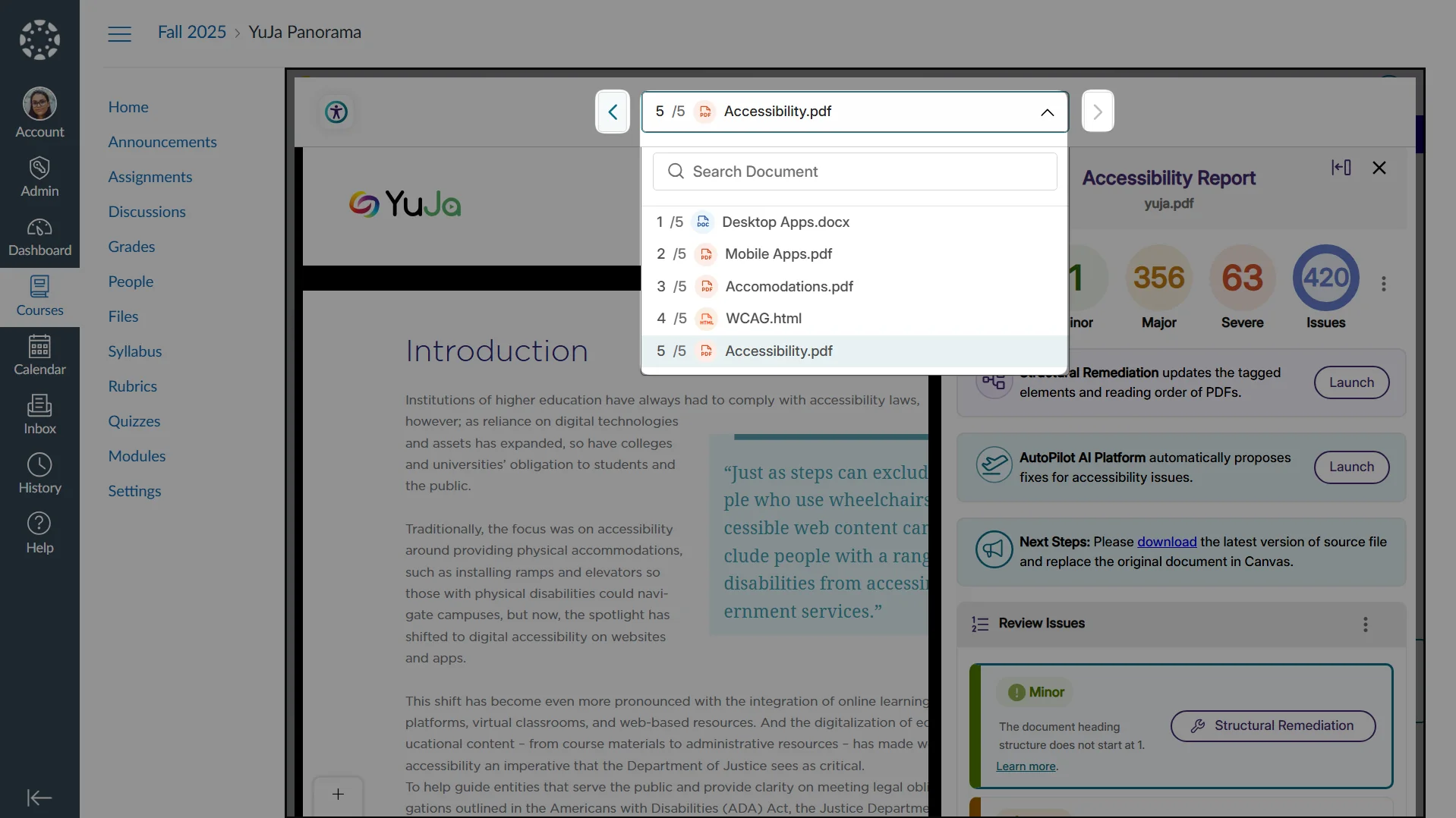 The accessibility report shows a drop-down menu that allows different documents to be selected.