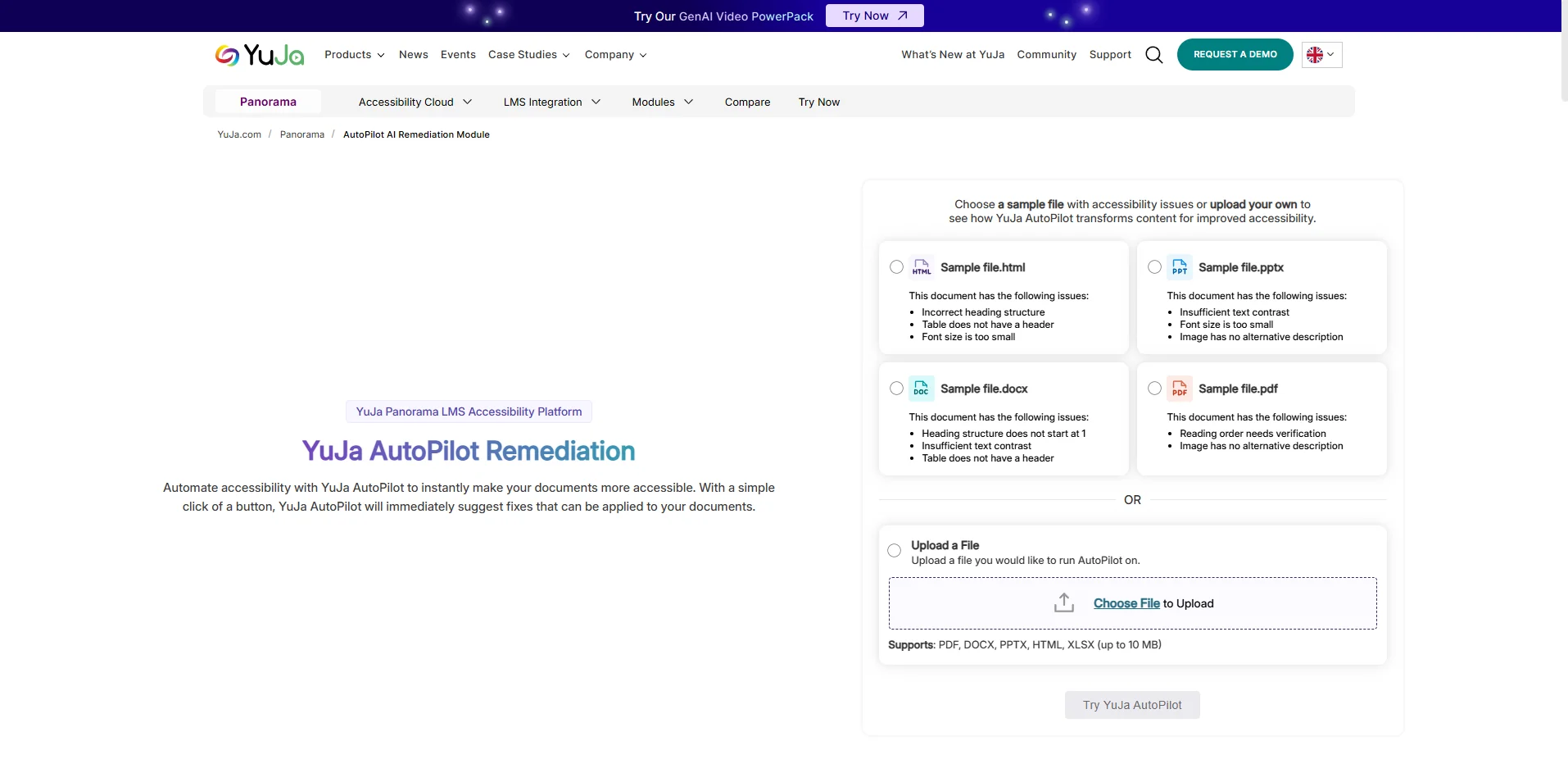 YuJa AutoPilot demo shows different file types that can be selected or the option to upload your own.