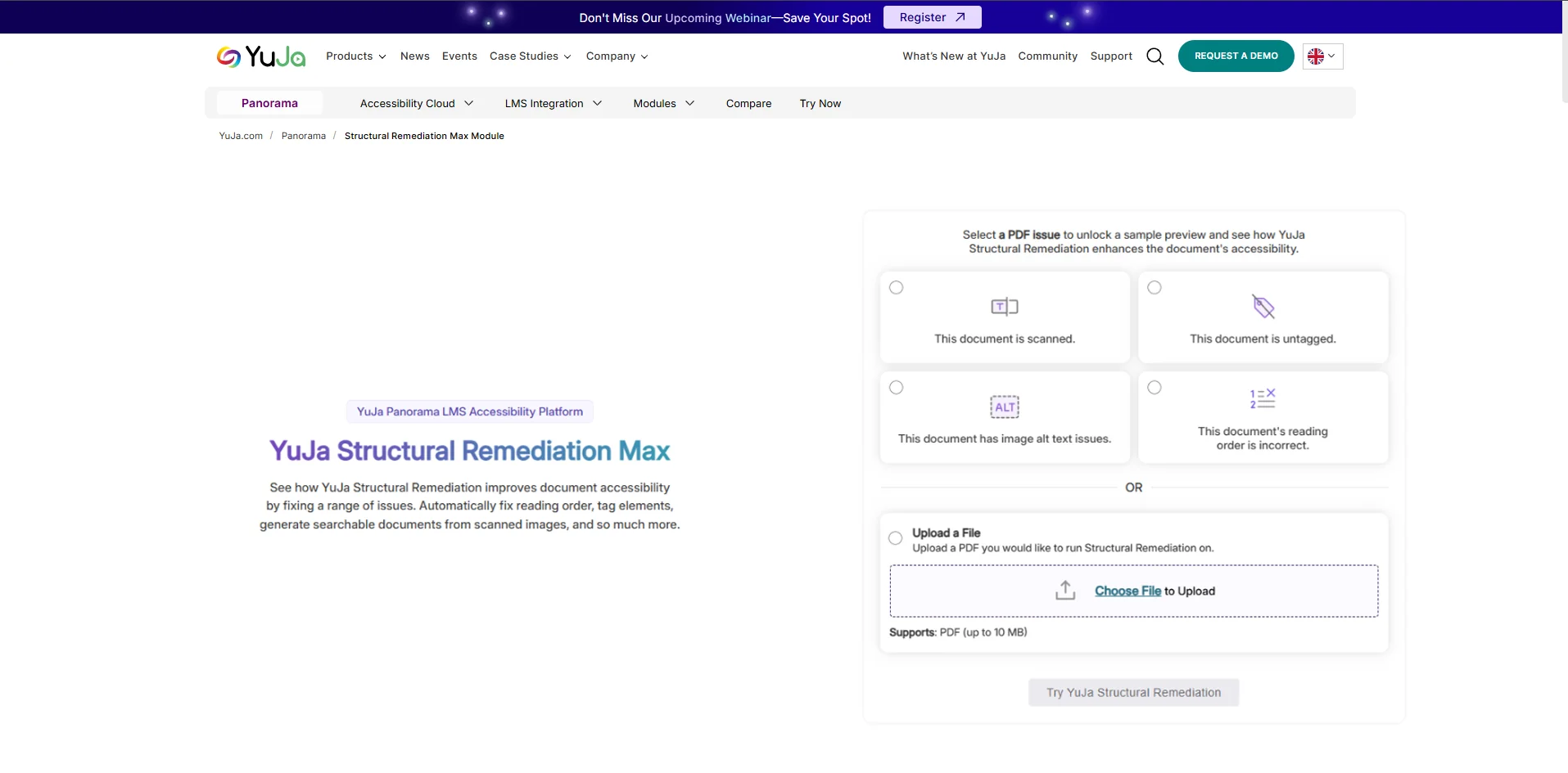 YuJa Structural Remediation demo shows different file types that can be selected or the option to upload your own.