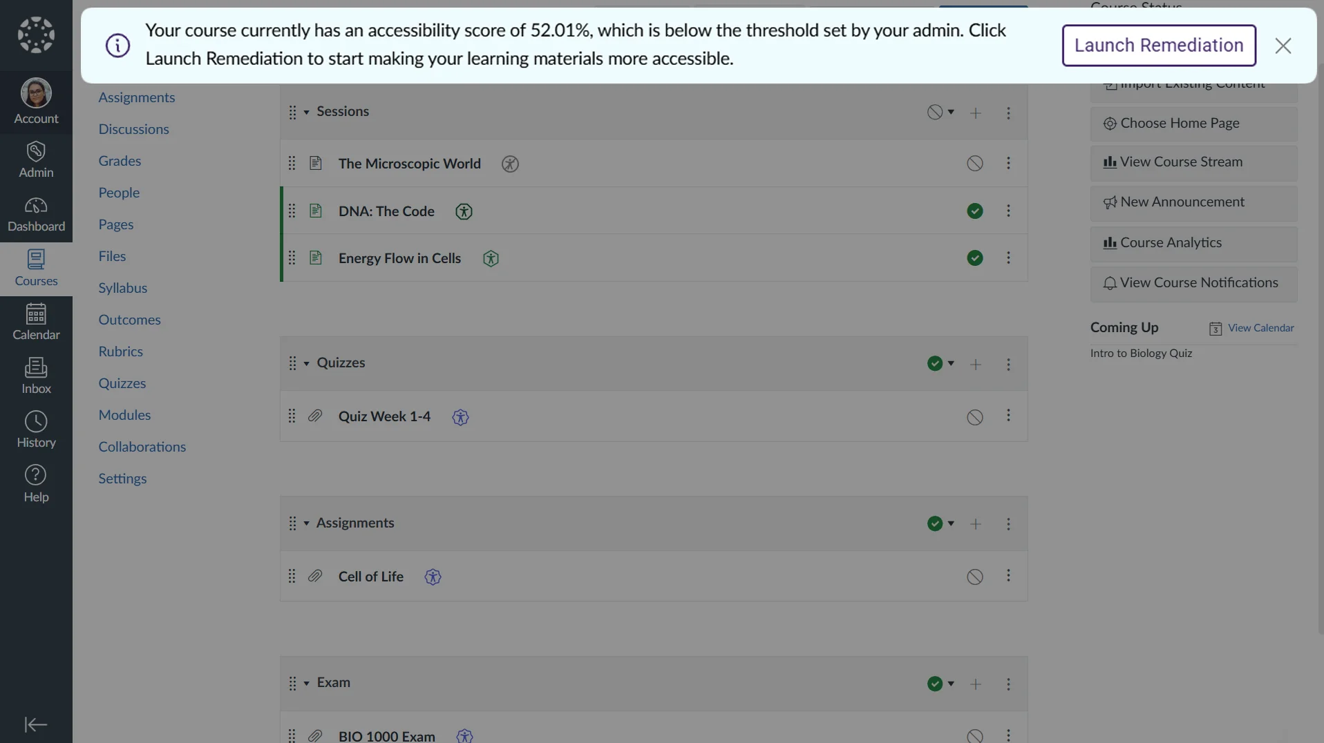 A banner at the top of a course informing the viewer that the course has a low accessibility score.
