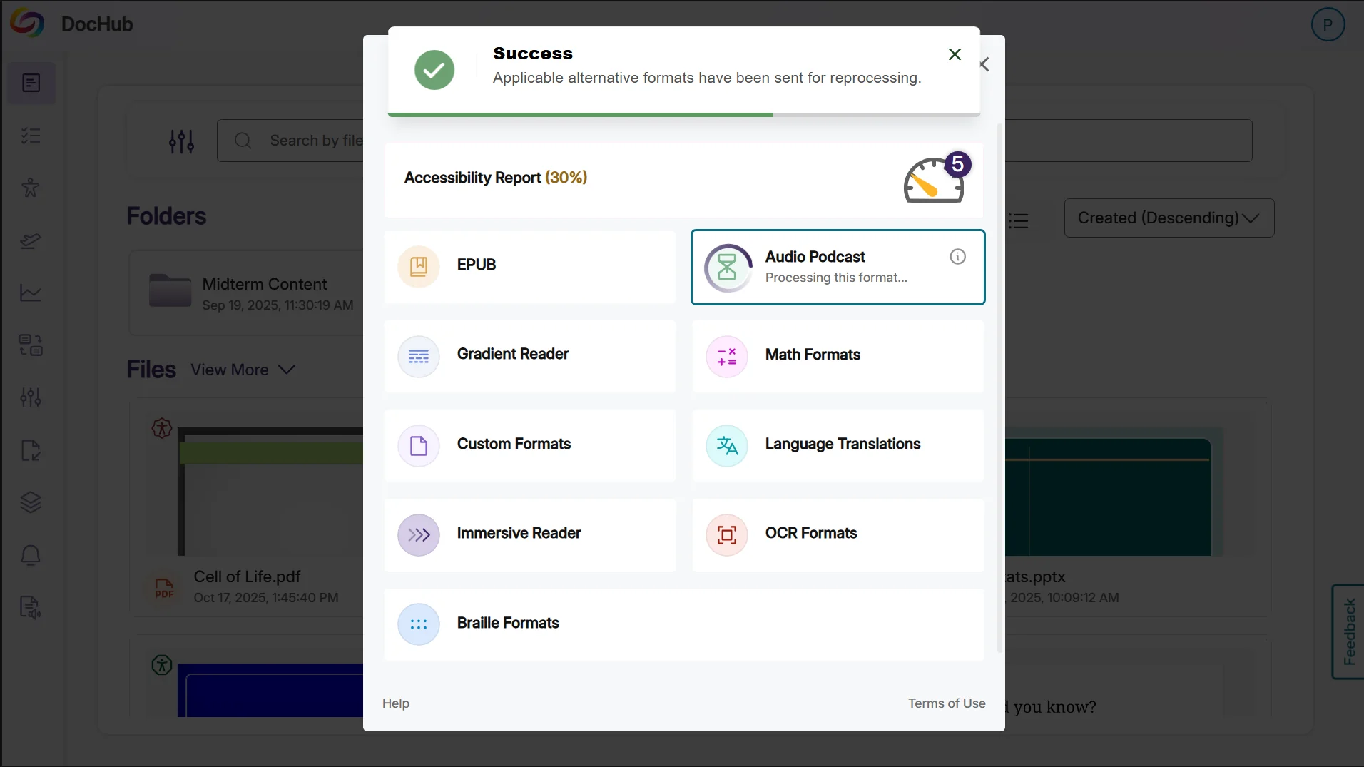 An audio podcast is generated from the Alternative Formats Menu.