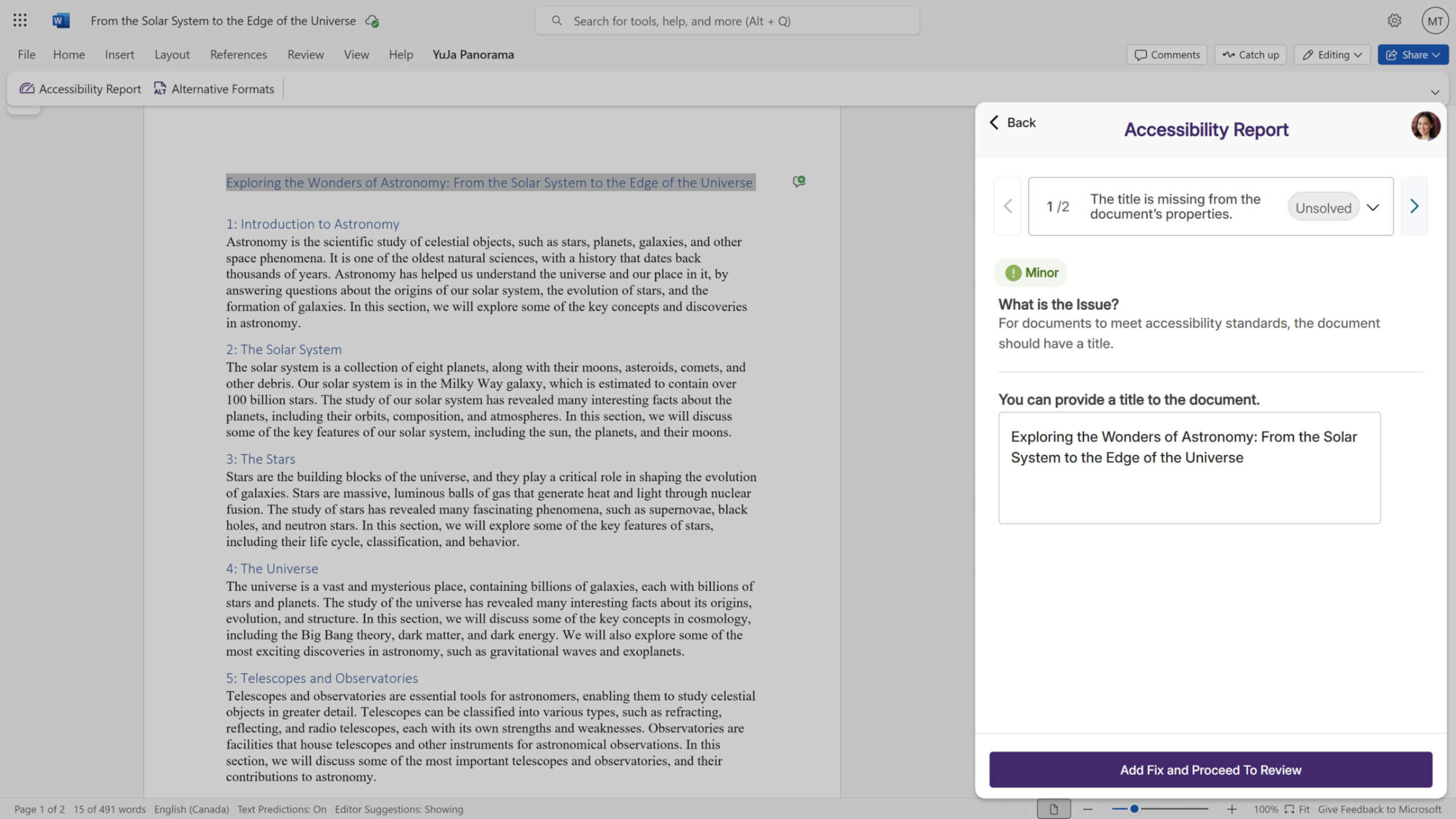 In-document remediation: Fix issues without leaving Microsoft Word. YuJa Panorama remediates the document and replaces it with the improved version automatically.