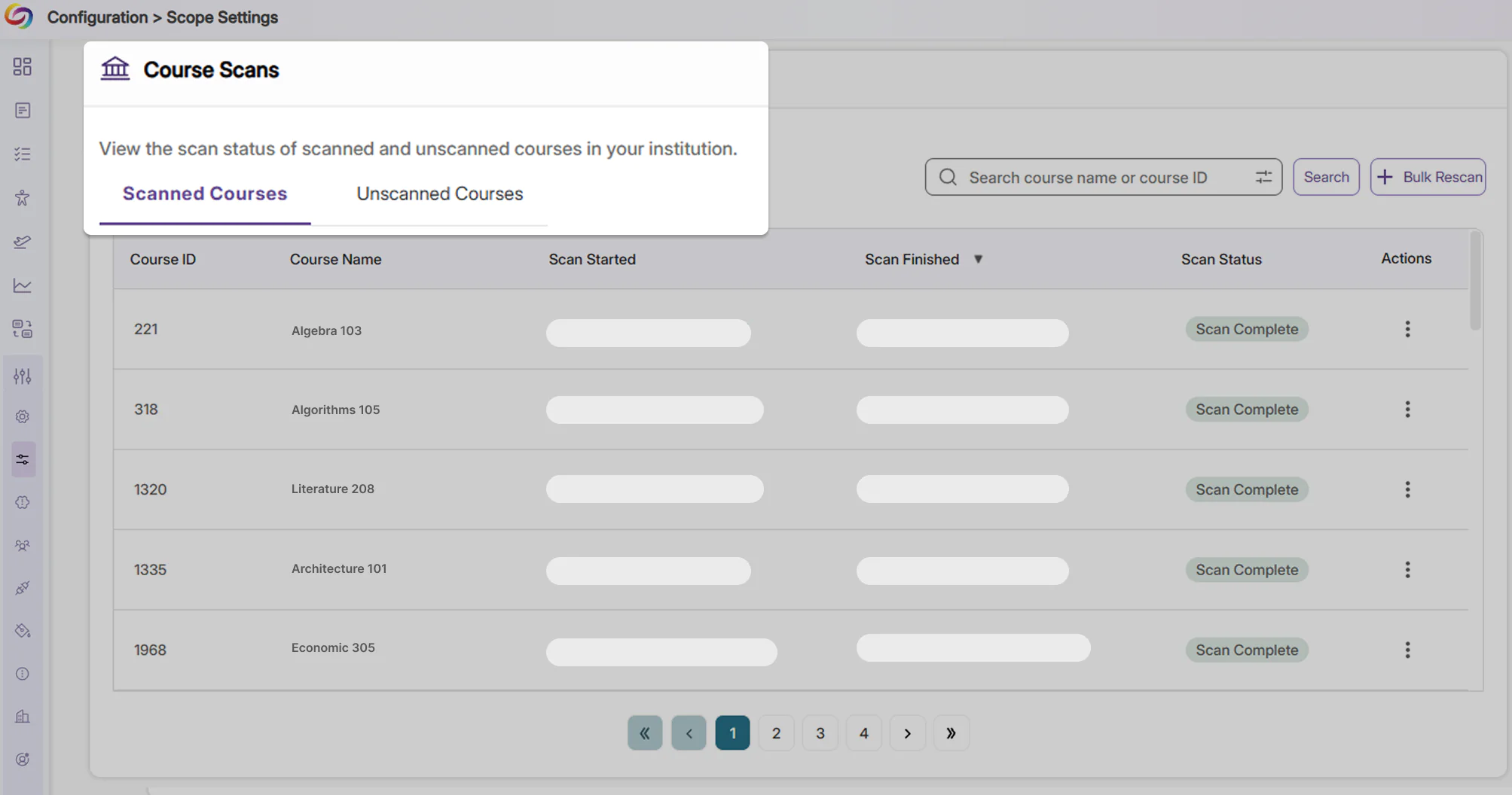 Dedicated tabs separating Scanned Courses and Unscanned Courses