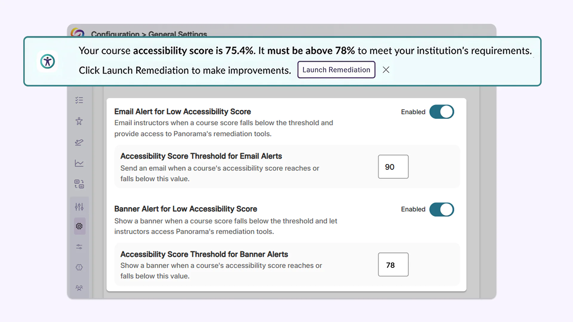 Banner indicating course accessibility score is below requirements and suggesting to click Launch Remediation