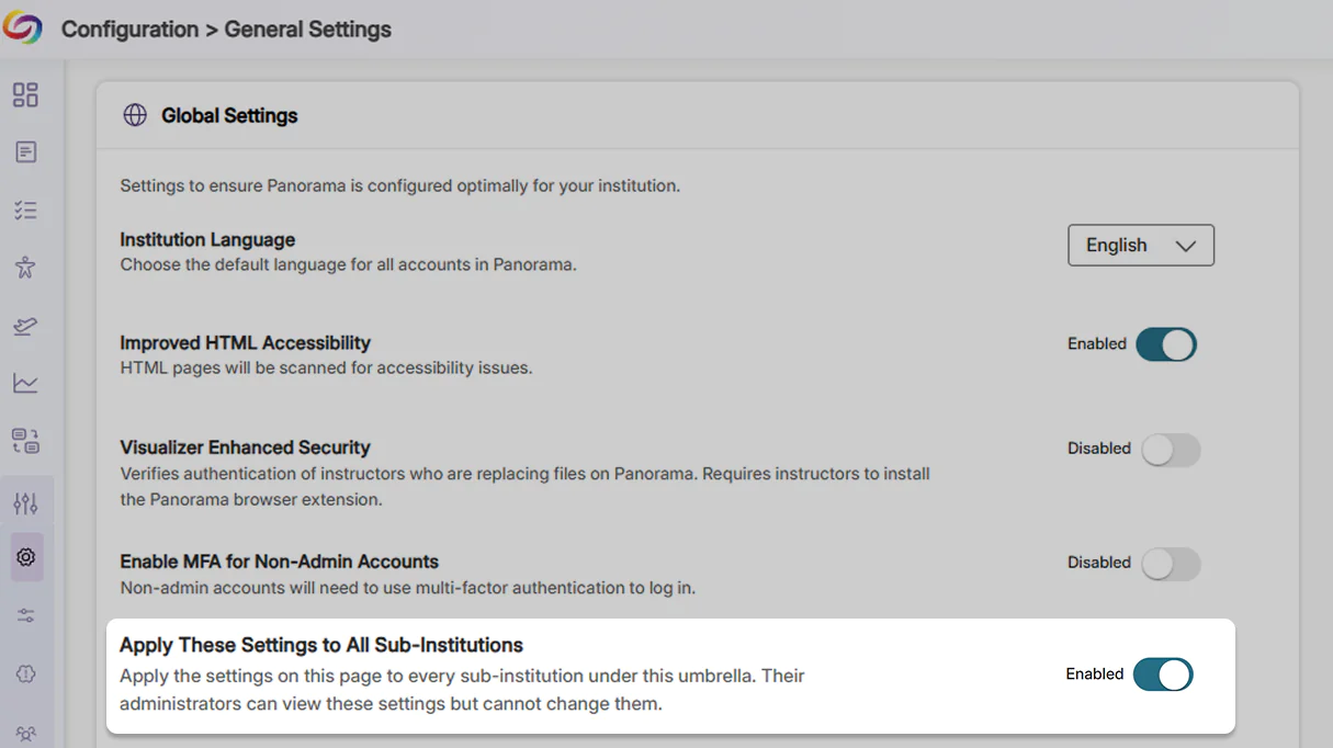 Apply these settings to all sub-institutions