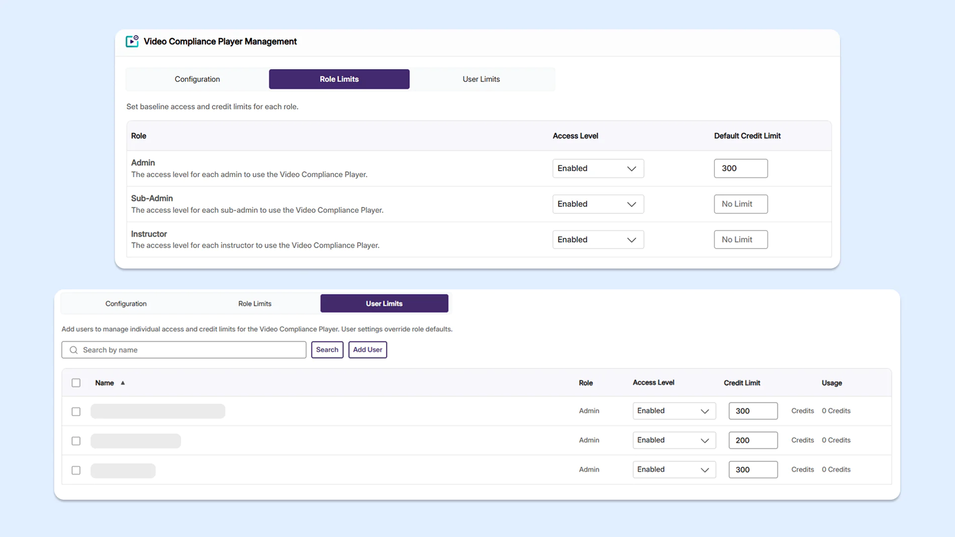Video Compliance Player management for Role Limits and User Limits tabs