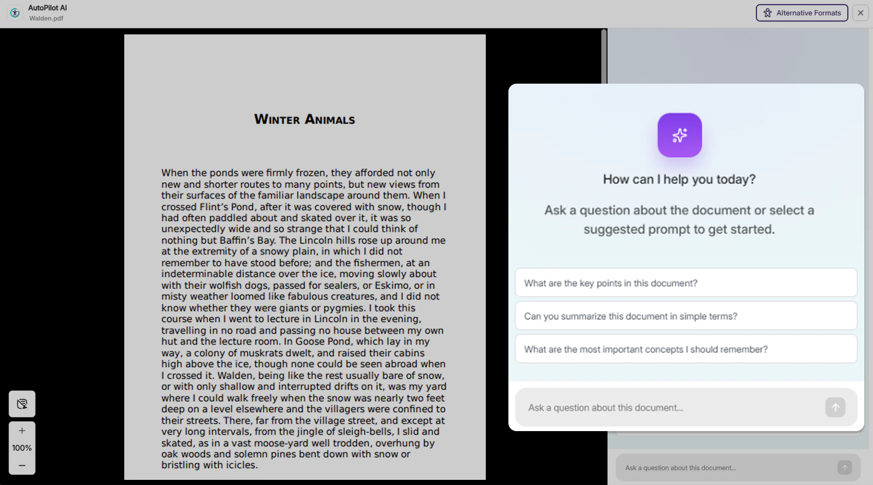 Image of the AI Assistant feature for students with its suggested prompts.