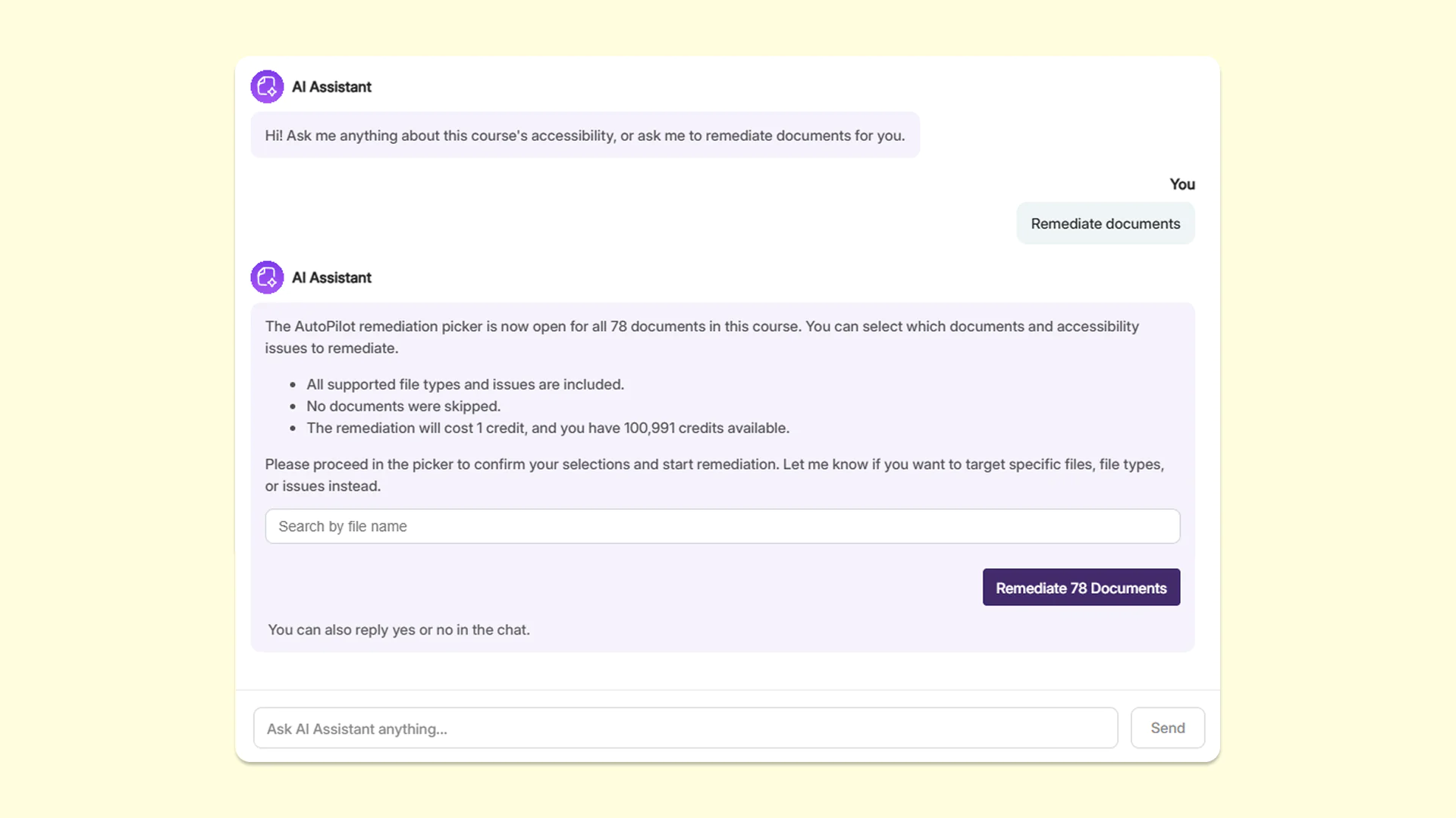 Remediate documents: The assistant will activate YuJa AutoPilot to automatically remediate accessibility issues across documents in the course.