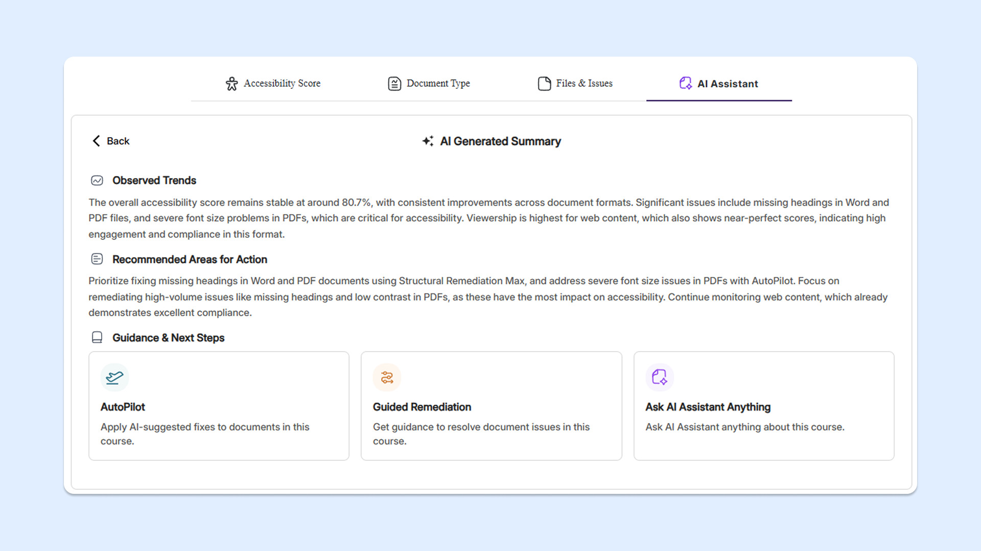 Summarize course report: The assistant will highlight trends in the course report, flag top issues, and provide recommended remediation steps for faculty to take.