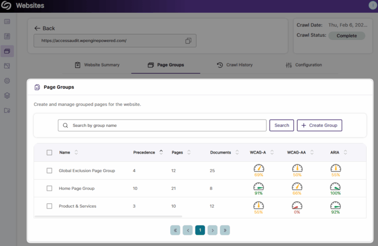 An image of the Website page in EqualGround highlighting the Page Groups.