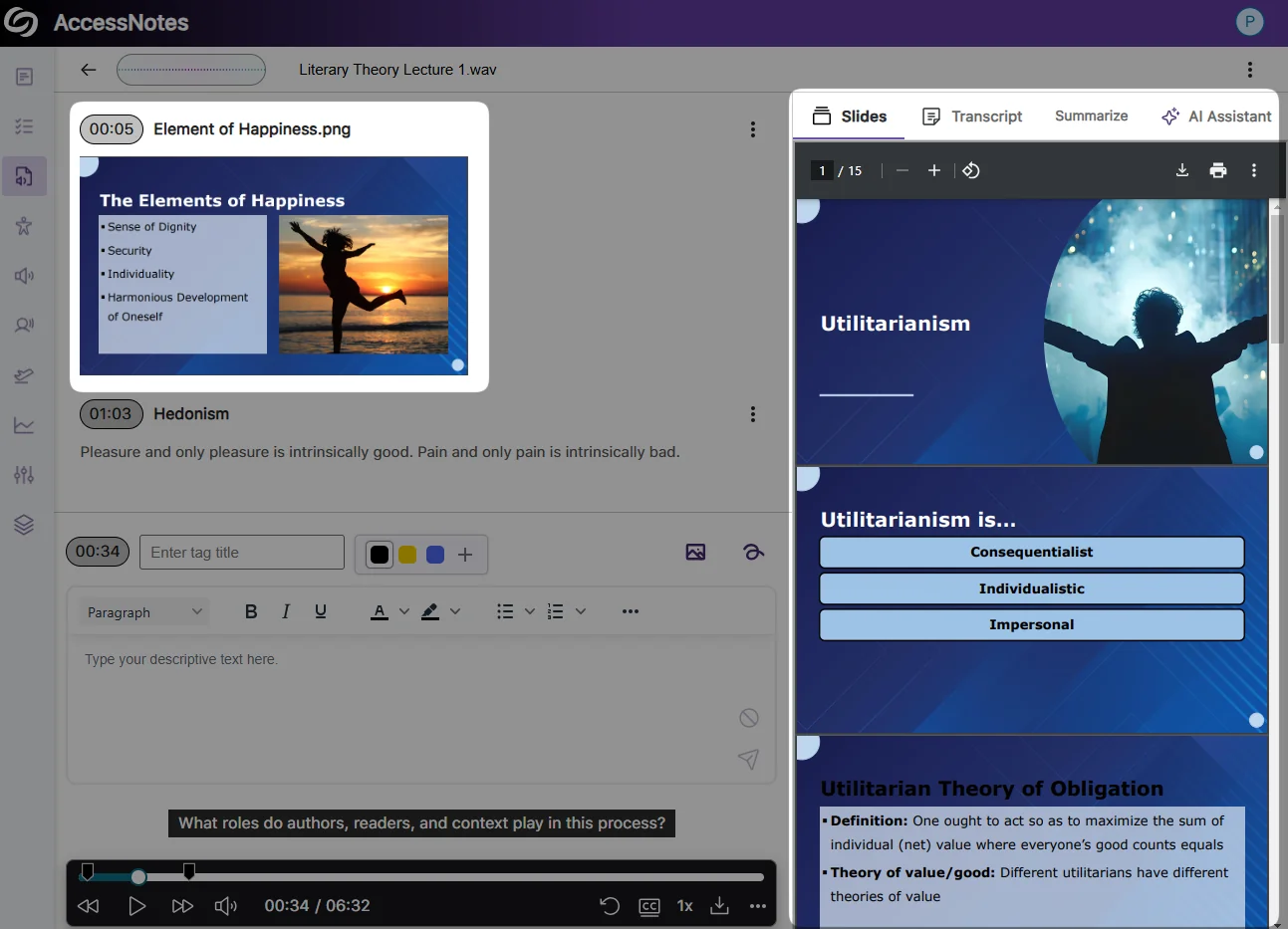 The YuJa AccessNotes page highlighting the image and slide insertion in the audio-based notes.