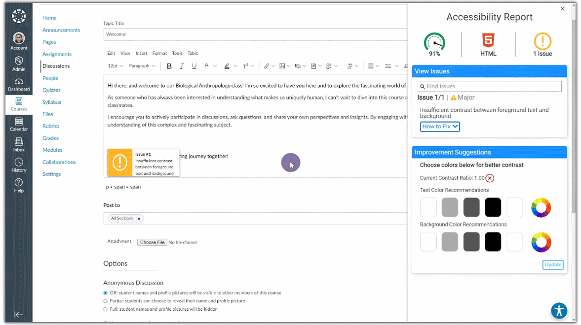 Contrast Ratio Detector in the WYSIWYG editor that allows users to adjust the contrast levels to improve accessibility.