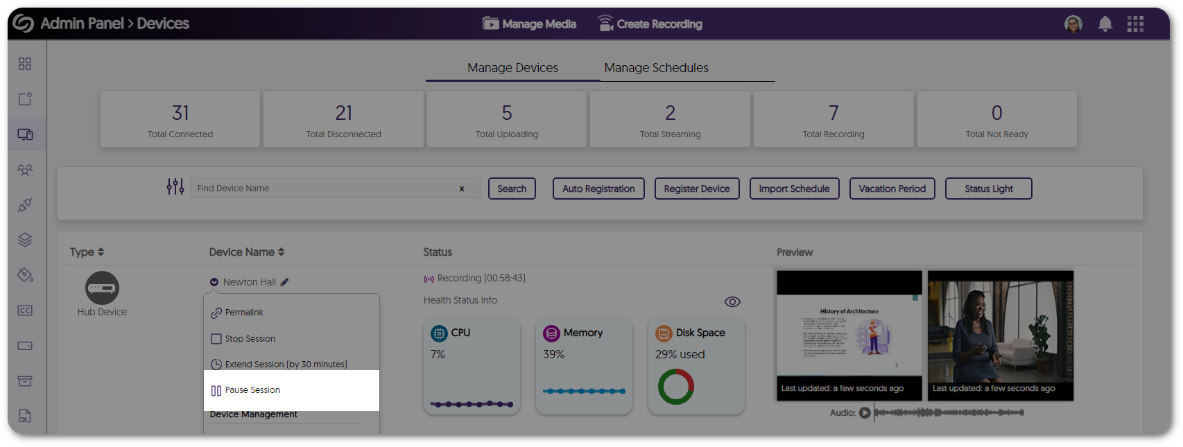 The Pause Session option is shown in the drop-down menu for a Hardware Hub.