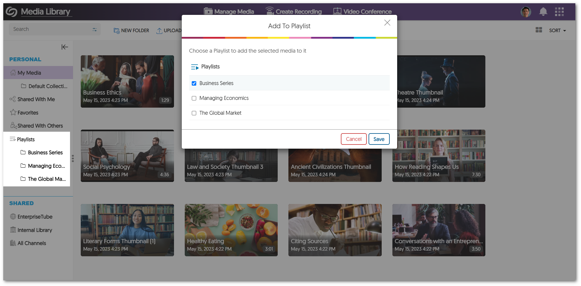 The Add to Playlist window featuring Playlists users can select to insert media into. 