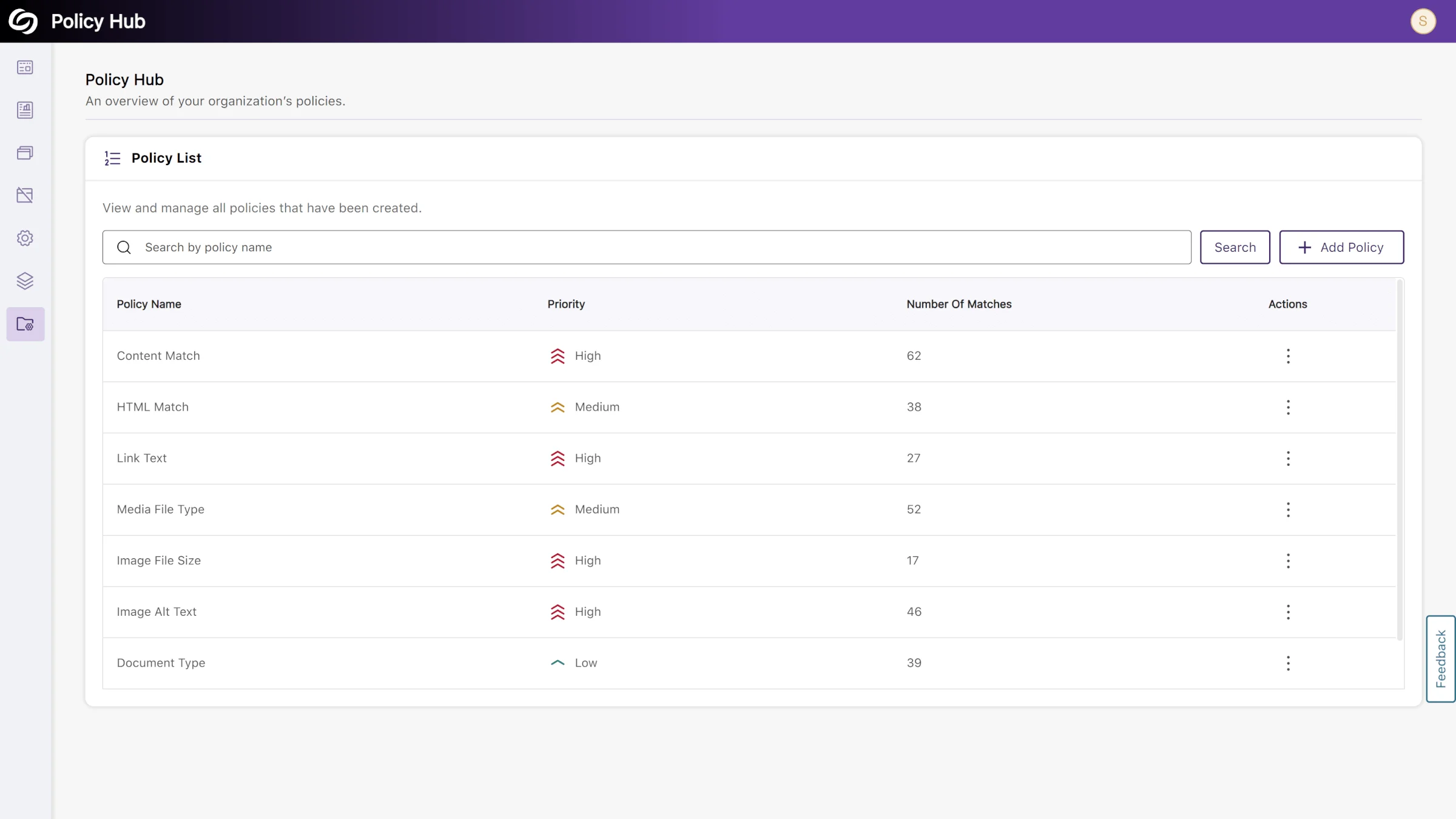 The Policy List page, which features a list of all created policies, along with their priority level.