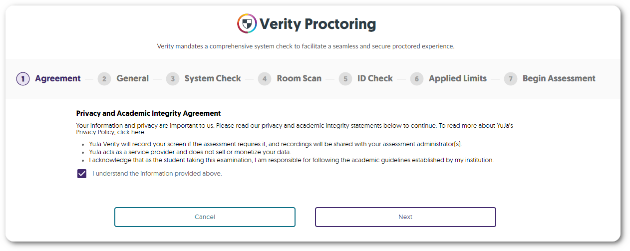 Verity's agreement check before starting an assessment. 