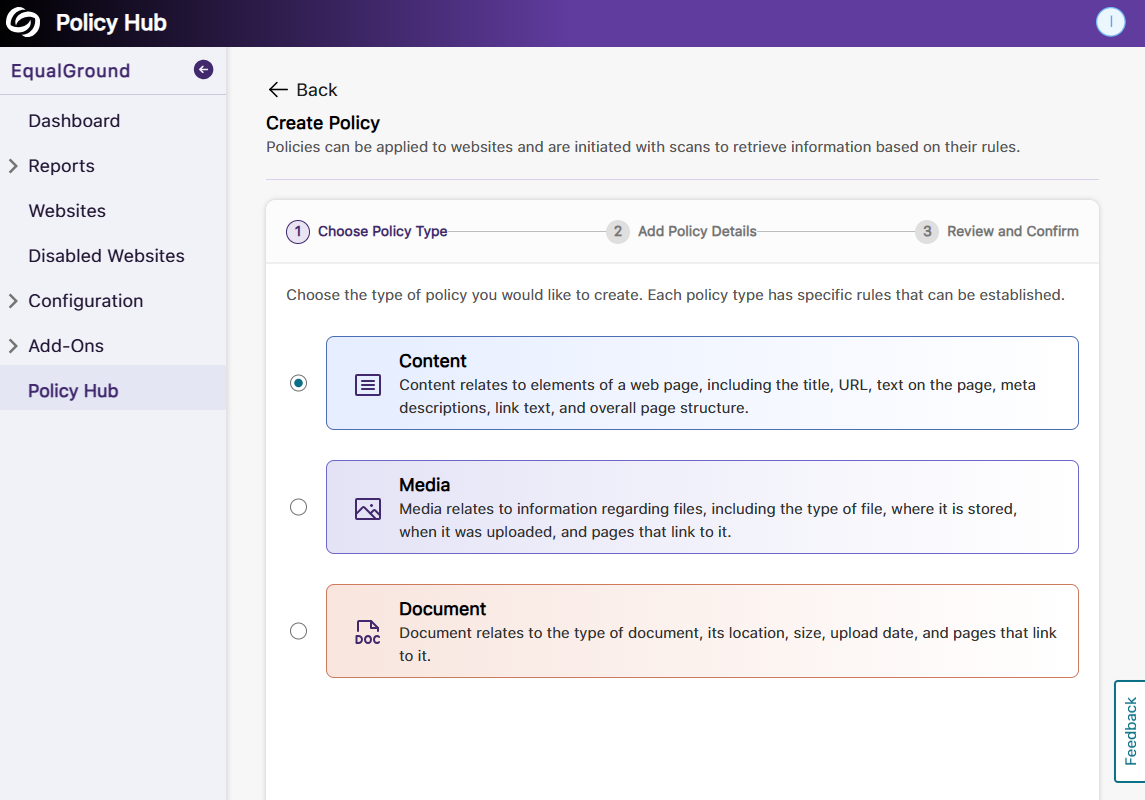 An image of the Policy Hub highlighting the Create Policy process.
