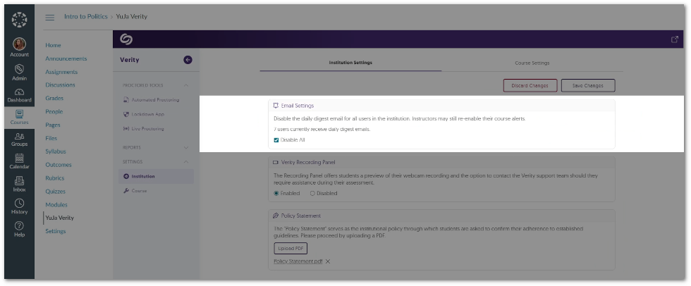 Option to disable emails in the Institution Settings.