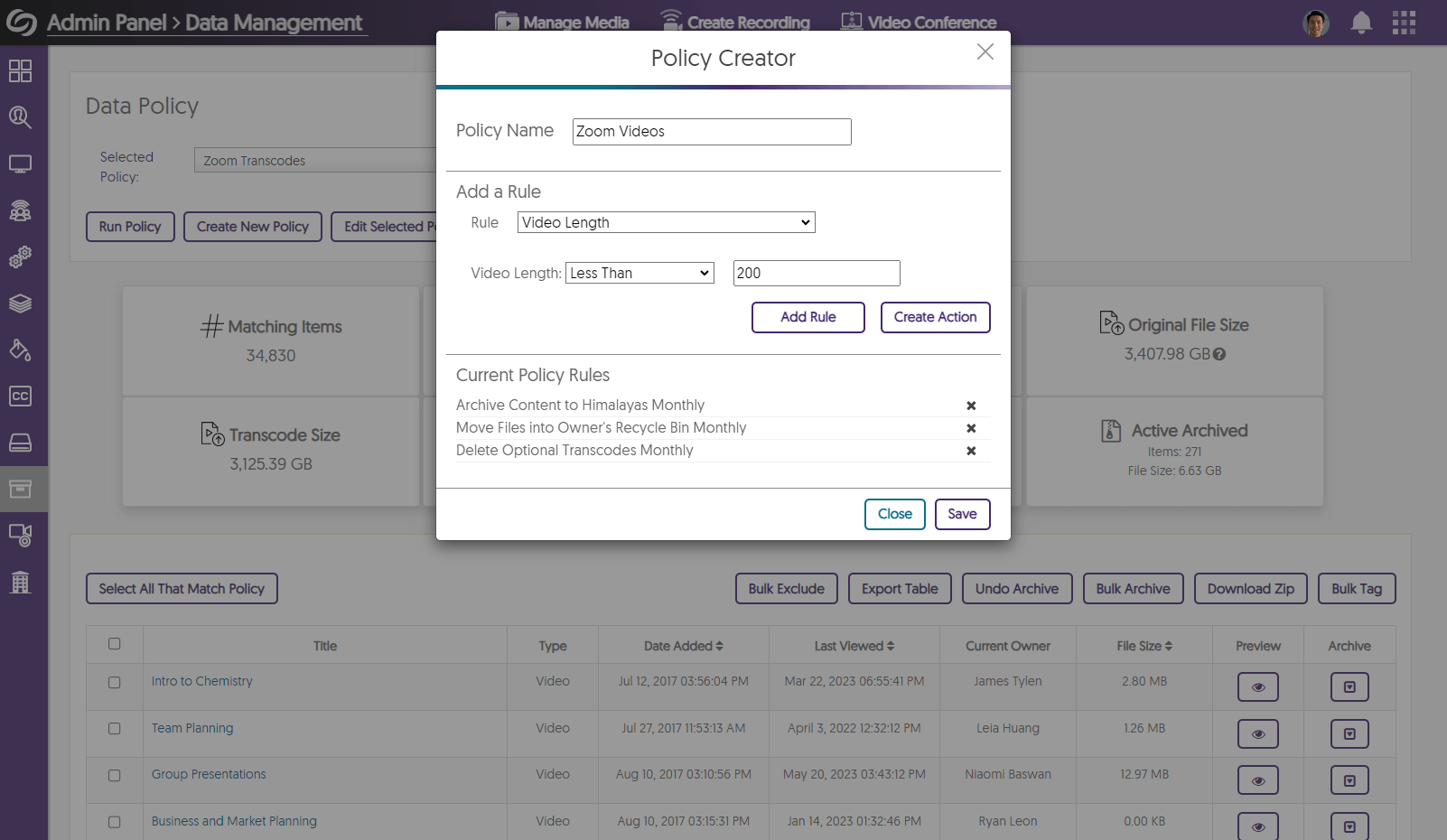 The YuJa Himalayas Platform with the Policy Creator menu open.