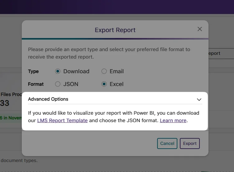 The Report Export page highlighting the advanced options of downloading a PowerBI template.