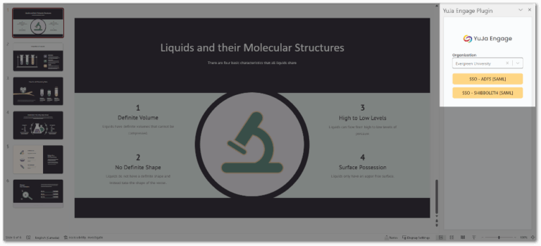 YuJa Engage SSO login options within PowerPoint.