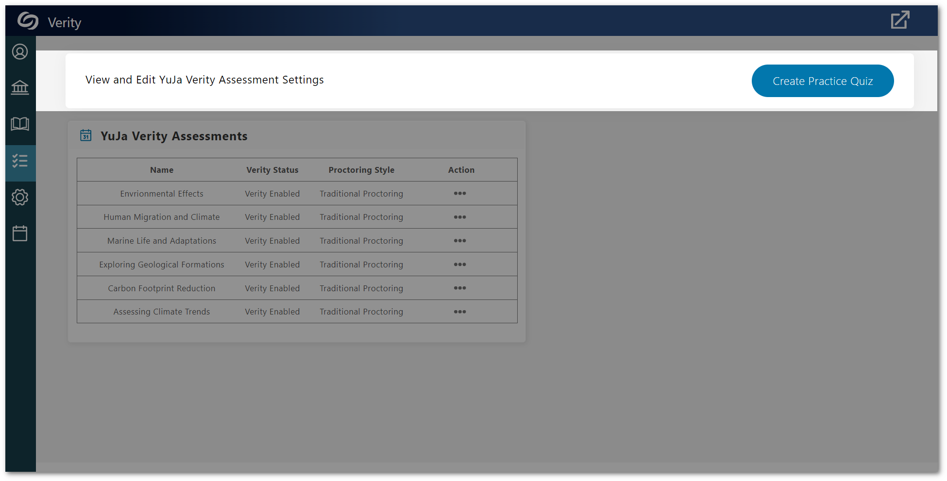 The practice quiz button located within the Assessment tab of the Verity LTI app.