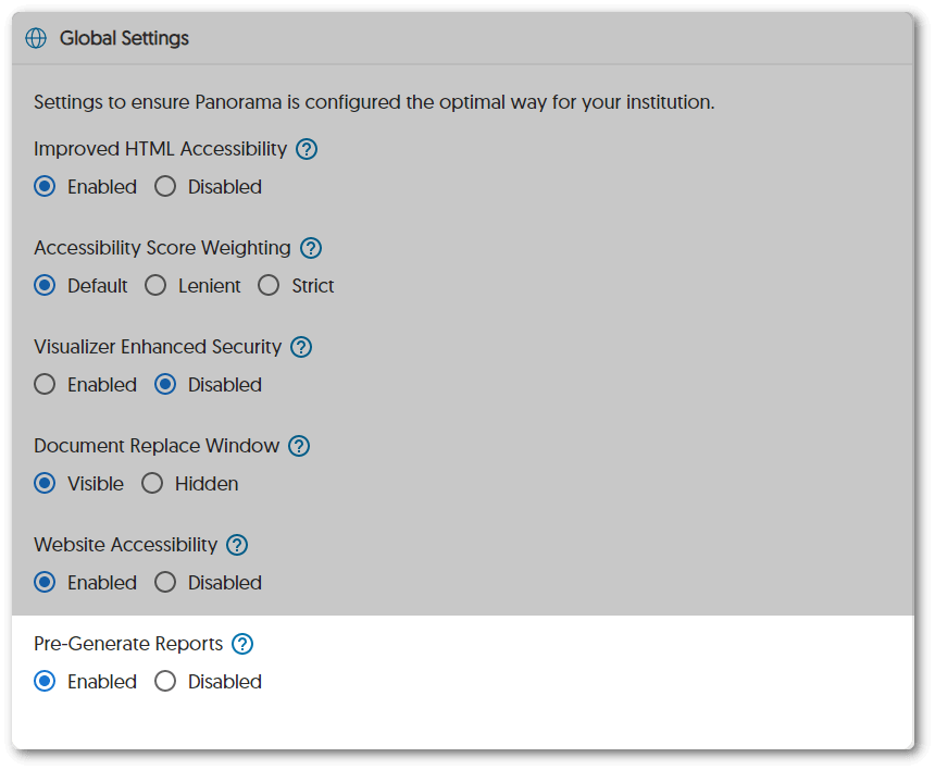 Global Settings shows the option to enable Pre-Generate Reports.