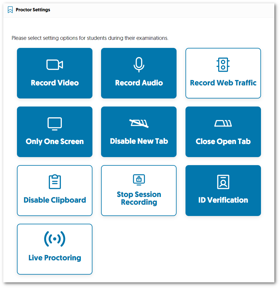 A view of the proctor settings.