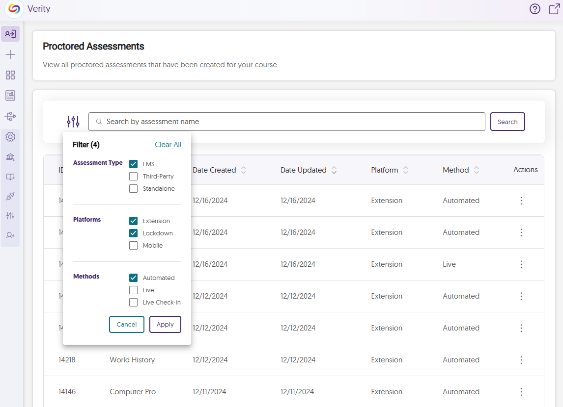 The Proctored Assessment page with the filtering option.