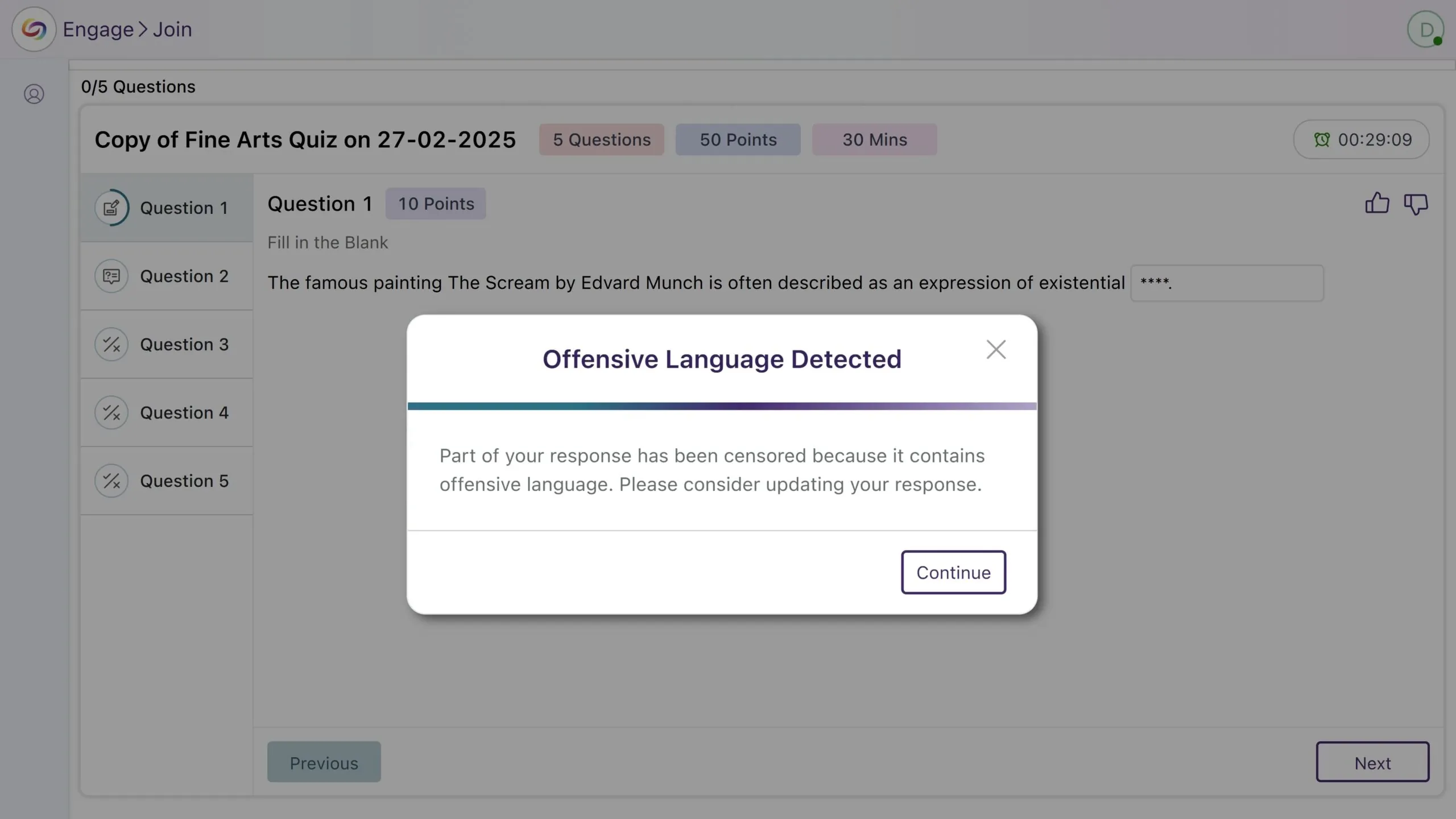 An image of the profanity text reminder window in Engage.