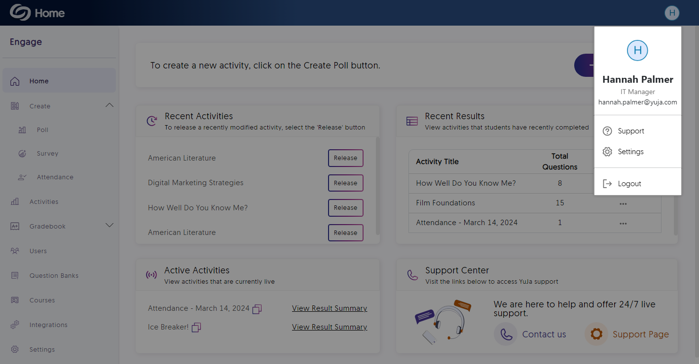 From the profile icon, information about the user is shown.