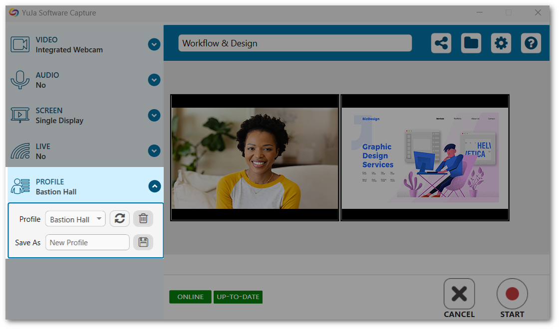 Software Capture confidence monitor highlighting profile selection.