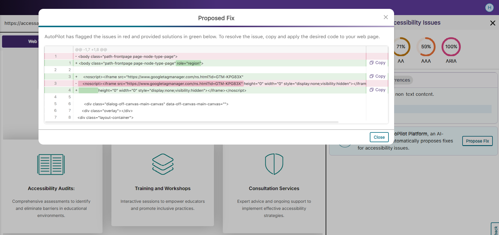 A code snippet is shown highlighting areas that can be improved and suggestions.