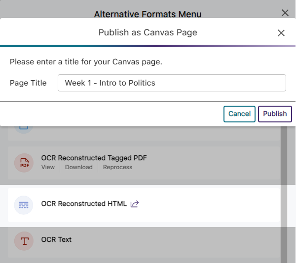 The option to publish a content into a Canvas page.