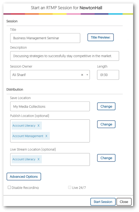 RTMP Session Panel for users to set up their session, publishing and live streaming locations.