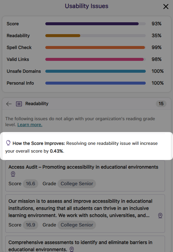 An image of the usability details page highlighting how the usability scores will be improved by resolving an individual issue.
