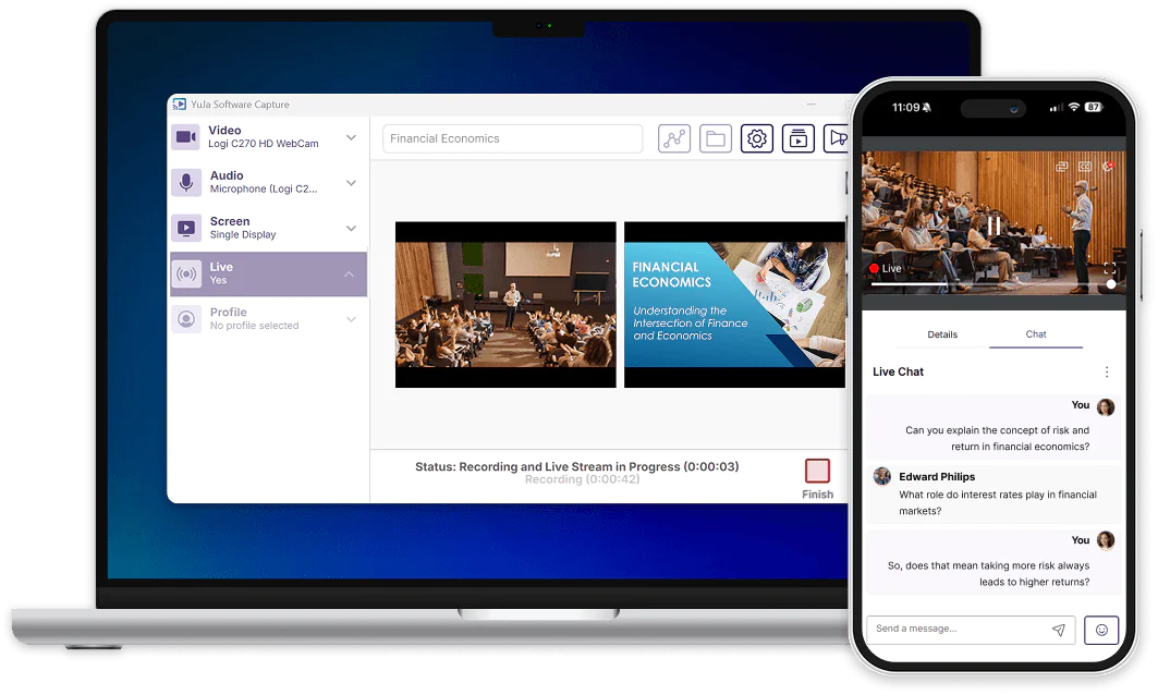 YuJa Software Capture open on desktop and mobile.