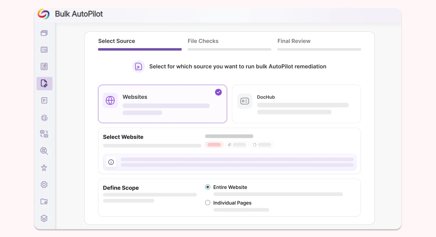 Mid-fidelity prototype of setting up bulk AutoPilot to fix issues across websites in YuJa EqualGround.