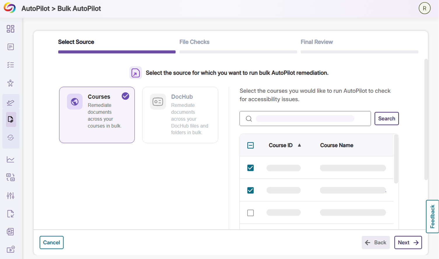 Remediate files from LMS courses or from DocHub: Users can run Bulk Remediation on documents across their LMS courses, or on specific files and folders in their DocHub library.