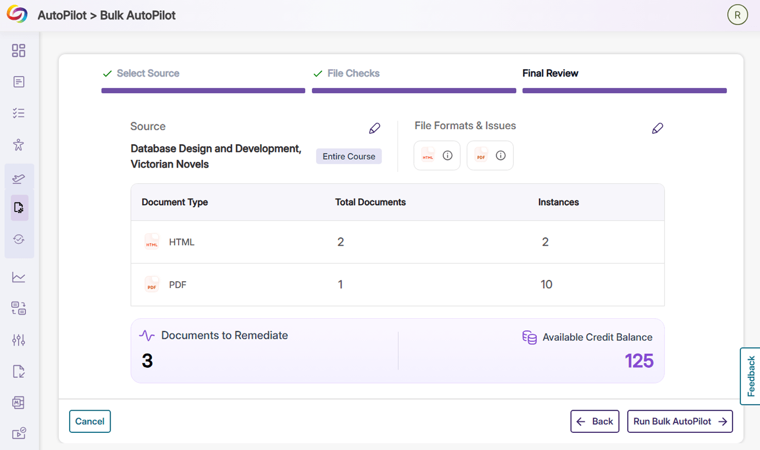 Review their choices: Users can review the total number of files that will be remediated, the course/DocHub folders that the documents will be fetched from, and their available credit balance that can be used.