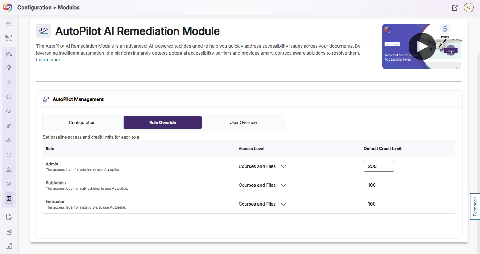 Assign role credit limits: Admins can change or set credit usage limits for roles. Each user with that role permission receives the set credit limit. 
