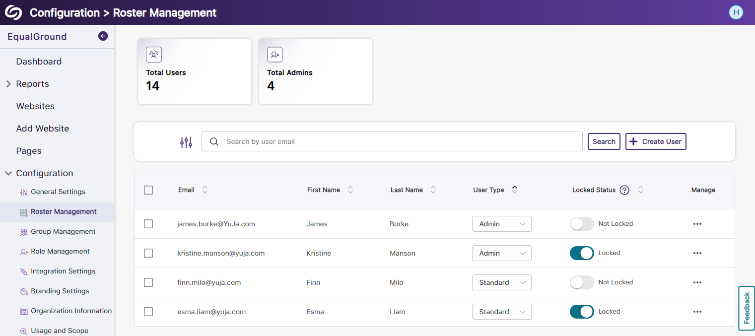 The roster management page shows a list of users.