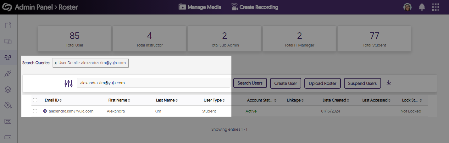 A roster search is performed using an email address.
