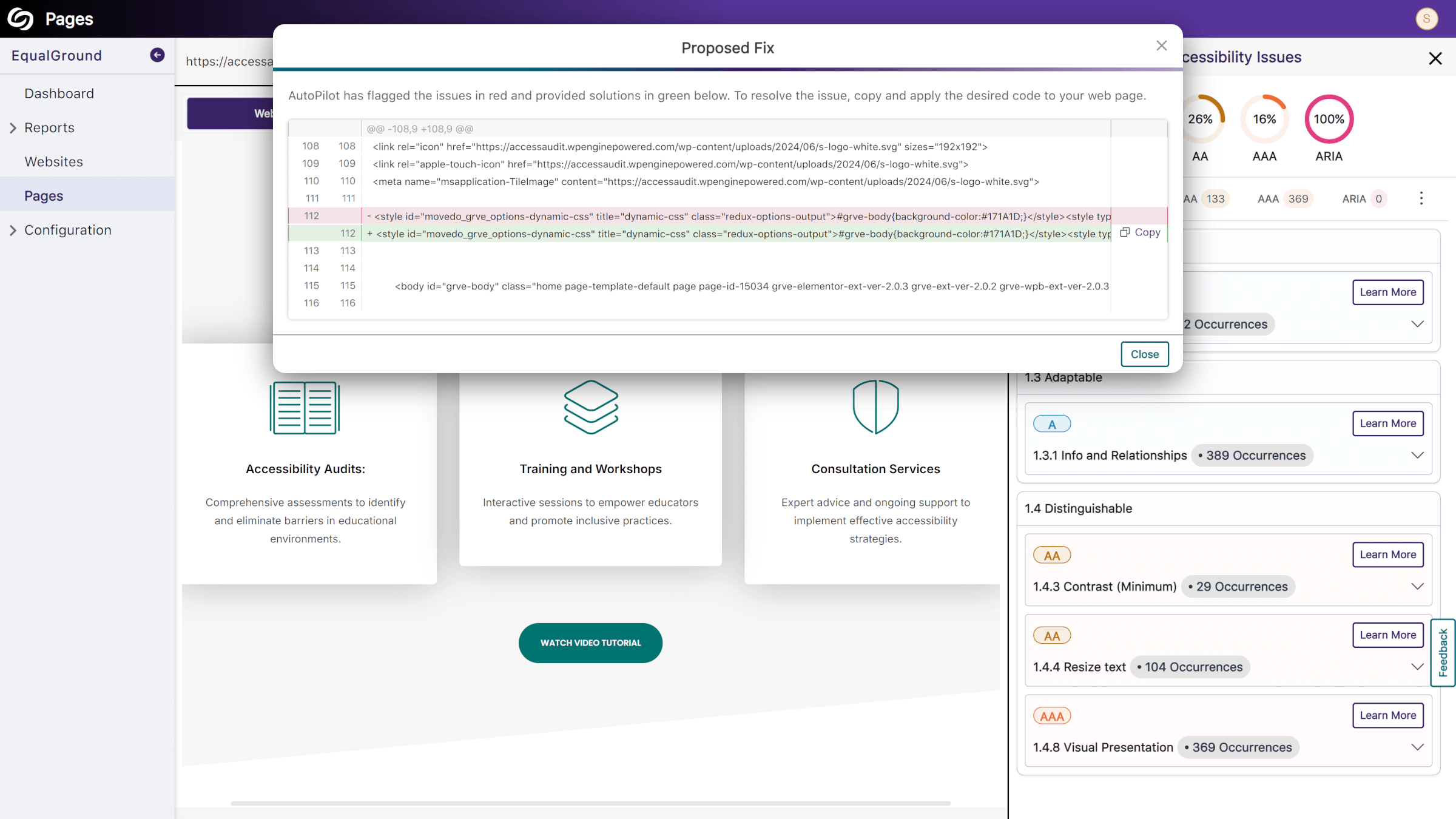 A view of proposed SEO fixes in YuJa EqualGround.