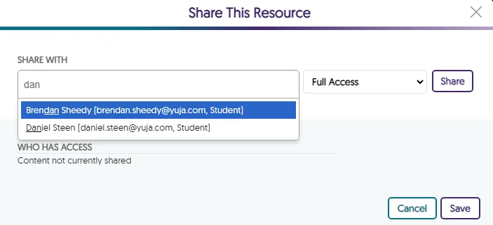 A user is shown being searched in the Share This Resource modal.